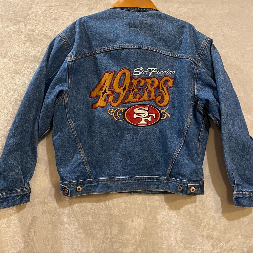 Vintage San Francisco 49ers Jacket Men’s Medium Blue Embroidered Faux Leather - Picture 2 of 7